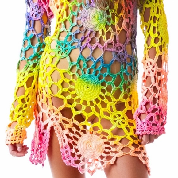 UNIF Multicolor Tie Dye Rainbow Crochet Astra Mini Dress Size S EUC - Picture 2 of 12